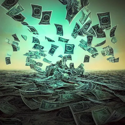 Image similar to “a violent tornado made of money, highly detailed swirling winds blowing dollar bills in the air, raining cash, highly detailed, dramatic lighting, unreal, octane, trending on artstation, by Beeple”