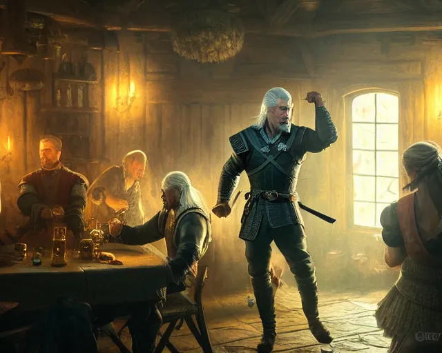 Image similar to 5 5 mm portrait photo of geralt of rivia dancing in a tavern. magical atmosphere. art by greg rutkowski. highly detailed 8 k. intricate. lifelike. soft light. nikon d 8 5 0.