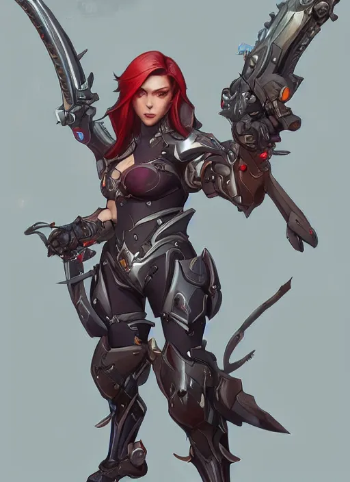 Prompt: beautiful new character for overwatch, character concept art, full body armor, dual wielding swords, super powers, long red hair, symmetry, intricate design, shiny, highly detailed, hd, dramatic lighting, art by artgerm and greg rutkowski