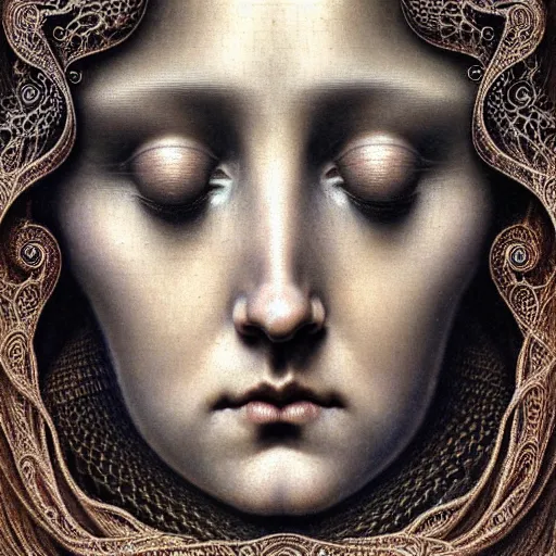 Prompt: detailed realistic beautiful young medieval queen face portrait by jean delville, gustave dore, iris van herpen and marco mazzoni, art forms of nature by ernst haeckel, art nouveau, symbolist, visionary, gothic, pre - raphaelite, fractal lace, surreality