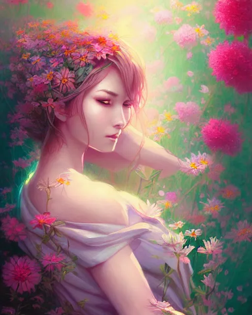 Prompt: a painting of a beautiful woman surrounded by flowers, an ultrafine detailed painting by ross tran, full body, featured on deviantart, fantasy art, detailed painting, deviantart, anime