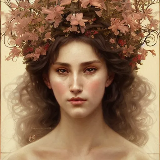 Image similar to ! dream portrait of gaea goddess, intricate, elegant, highly detailed, digital painting, artstation, concept art, smooth, sharp focus, illustration, art by artgerm and greg rutkowski and alphonse mucha and william - adolphe bouguereau, and marco mazzoni