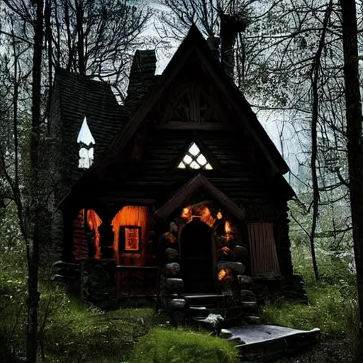 Prompt: Cabin in the Woods, Gothic Style