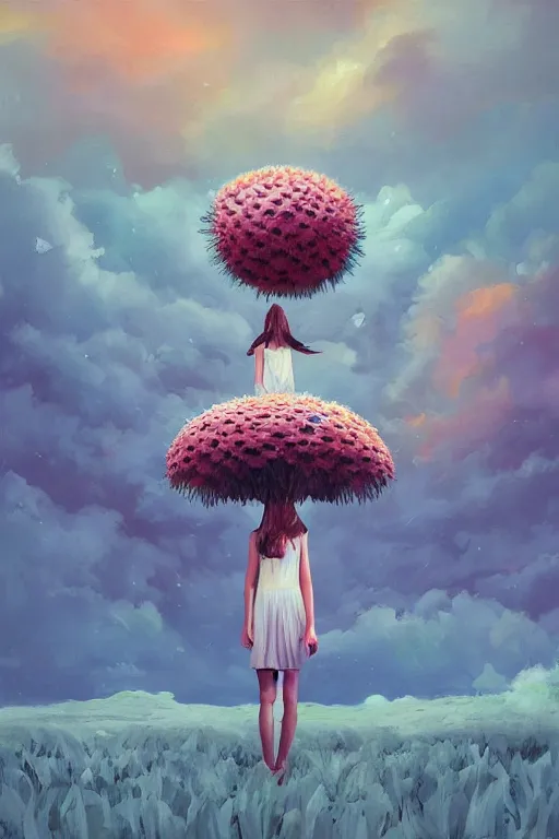 Prompt: closeup, giant daisy flower on head, girl between monsteras, surreal photography, wind and cold, dramatic sky, impressionist painting, digital painting, artstation, simon stalenhag