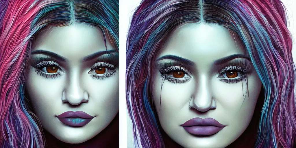 Prompt: kylie jenner in the style of a mastodon album cover, highly detailed, intricate, digital painting, artstation,