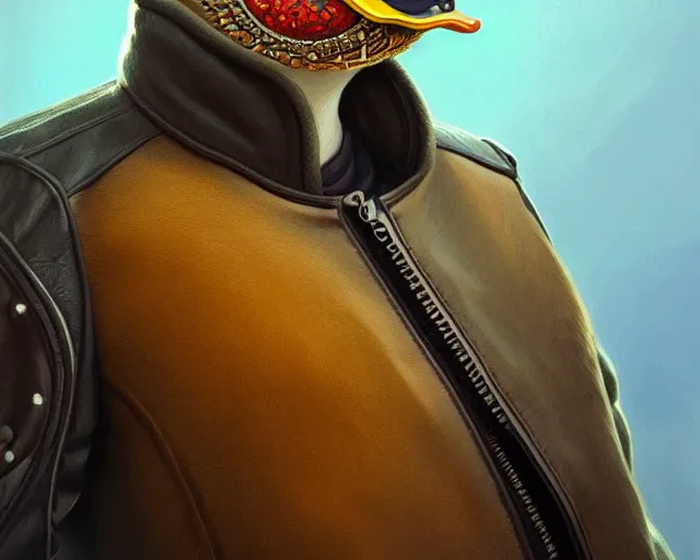 Prompt: a duck wearing sunglasses and a leather jacket, photography of kurzgesagt, deep focus, d & d, fantasy, intricate, elegant, highly detailed, digital painting, artstation, concept art, matte, sharp focus, illustration, hearthstone, art by artgerm and greg rutkowski and alphonse mucha