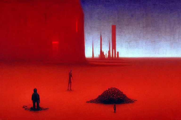 Image similar to only with red, red god of death eat apple, a futuristic city on mars in the background, red worms on the floor, in the style of beksinski, part by hopper, part by rodcenko, part by hofbauer, intricate composition, red by caravaggio, insanely quality, highly detailed, masterpiece, red light, artstation, 8 k