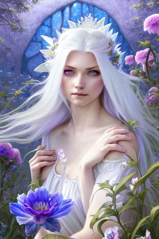 Image similar to highly detailed illustration beautiful white - haired fairy princess in a flower garden, wonderful blue eyes, deep focus, d & d, fantasy, complex, elegant, highly detailed, digital painting, artstation, concept art, matte, clear focus, illustration, hearthstone, art by artgerm and greg rutkowski and alphonse mucha