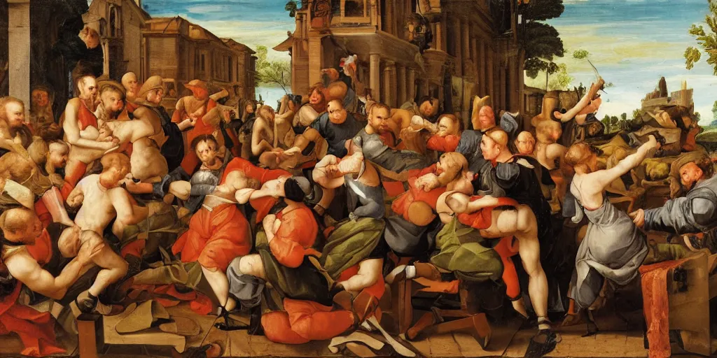 Image similar to an renaissance oil painting depicting customers fighting over toiletpaper, lots of toiletpaper , masterpiece, detailed oil painting, historical, battle