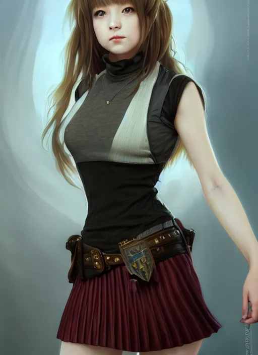 Image similar to portrait of a full body of beautiful young female detective, d & d, sleeveless turtleneck, pleated skirt, fantasy, flat lighting, intricate, highly detailed, digital painting, artstation, concept art, smooth, sharp focus, illustration, misa amane, art by simon bisley and greg rutkowski and alphonse mucha, natural tpose