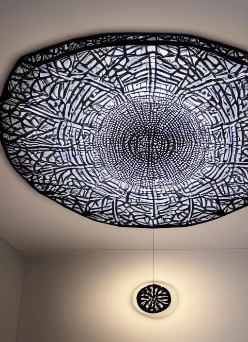 Image similar to A fabric ceiling lamp with intricate patterns designed by Artgerm