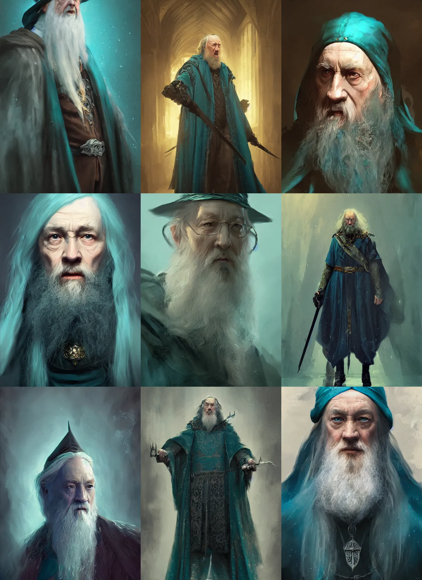 Image similar to dumbledore portrait medieval, dark, teal, intricate, highly detailed, smooth, artstation, digital illustration, ruan jia, mandy jurgens, rutkowski