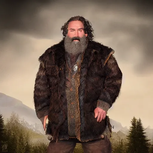 Prompt: fantasy middle - aged burly lumberjack with a beard, dungeons and dragons, realistic, dark hair, wearing a fur coat, high quality matte painting