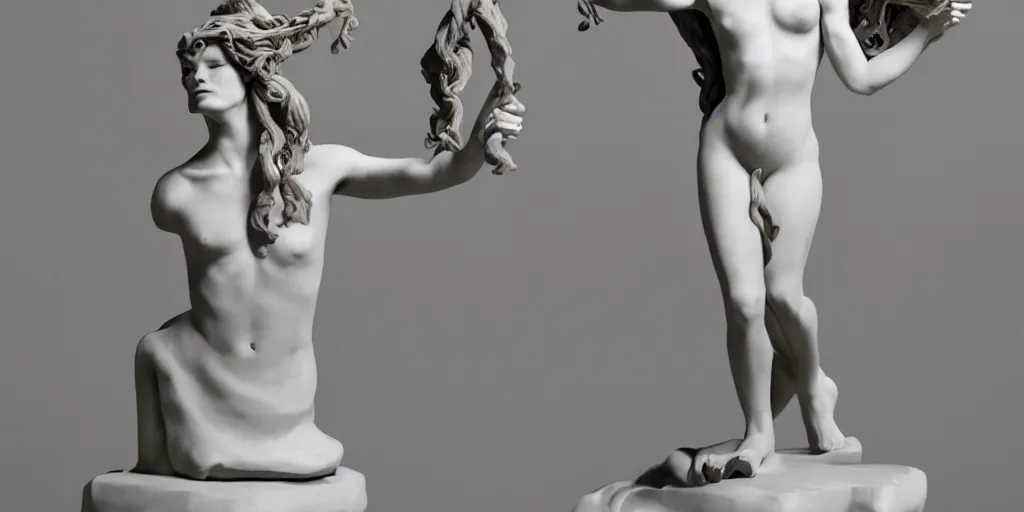 Image similar to modern sculpture, young woman as medusa, multiple poses, androgynous