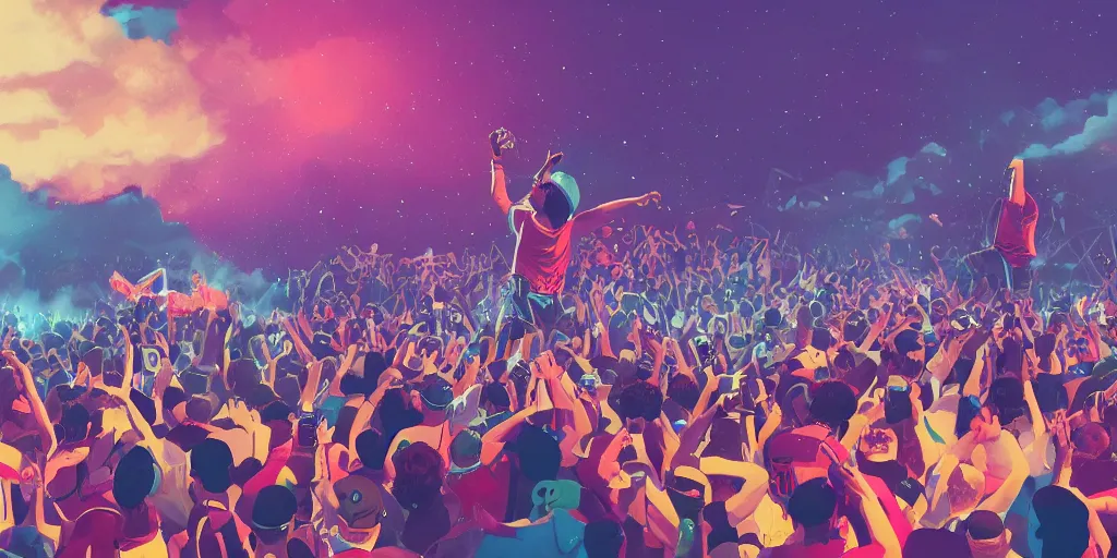 Image similar to rapper on stage over huge crowd reaching up to him, digital art, vapor wave, hip hop, trending on Artstation, professional artist, detailed, 4k