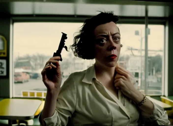 Prompt: cinematic portrait of panicked olivia coleman holding a black handgun up in the air, in classic diner, scene from the tense thriller film ( 2 0 0 1 ) directed by spike jonze, dramatic backlit window, volumetric hazy lighting, moody cinematography, 3 5 mm kodak color, anamorphic wide angle lens