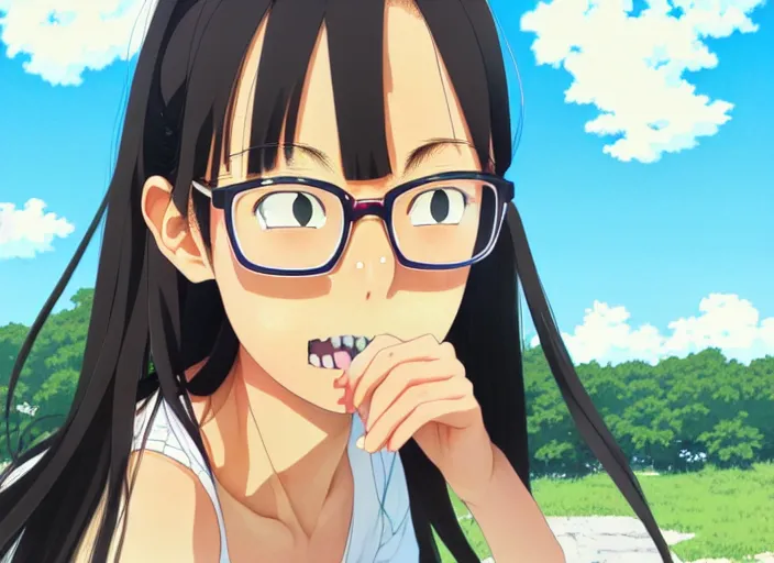 Image similar to an illustration of nagatoro - san, finely detailed features, closeup at the face, perfect art, at a festival, teasing and bullying, trending on pixiv fanbox, illustrated by nanashi, yuichi kato, take, studio ghibli, shinichi fukuda