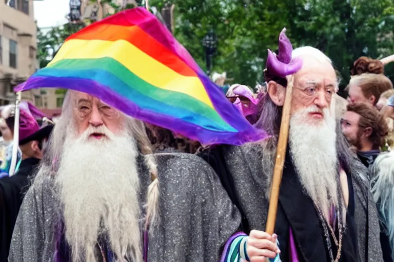 Prompt: dumbledore at a gay pride parade