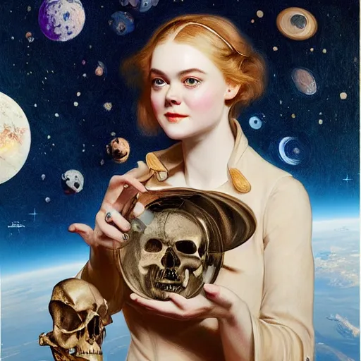 Image similar to Elle Fanning holding a skull in space, artstation, by J. C. Leyendecker and Peter Paul Rubens, Extremely detailed. 4K. Award winning.