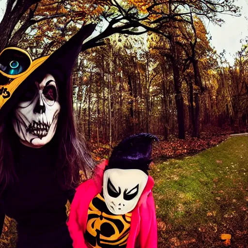 Image similar to a selfie of a woman trick - or - treating with a demon, fisheye lens photography, with a spooky filter applied, with a figure in the background, in a halloween style.