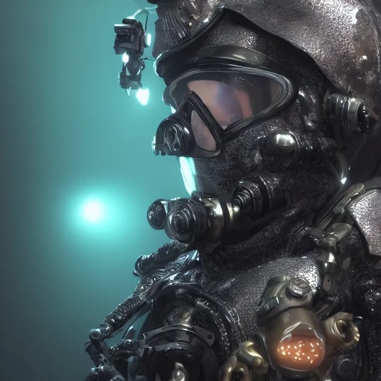 Image similar to octane render portrait by wayne barlow and carlo crivelli and glenn fabry, subject is a shiny reflective tactical black ops futuristic scuba diver with small lights inside helmet, surrounded by bubbles inside an exotic alien coral reef aquarium full of exotic fish, cinema 4 d, ray traced lighting, very short depth of field, bokeh