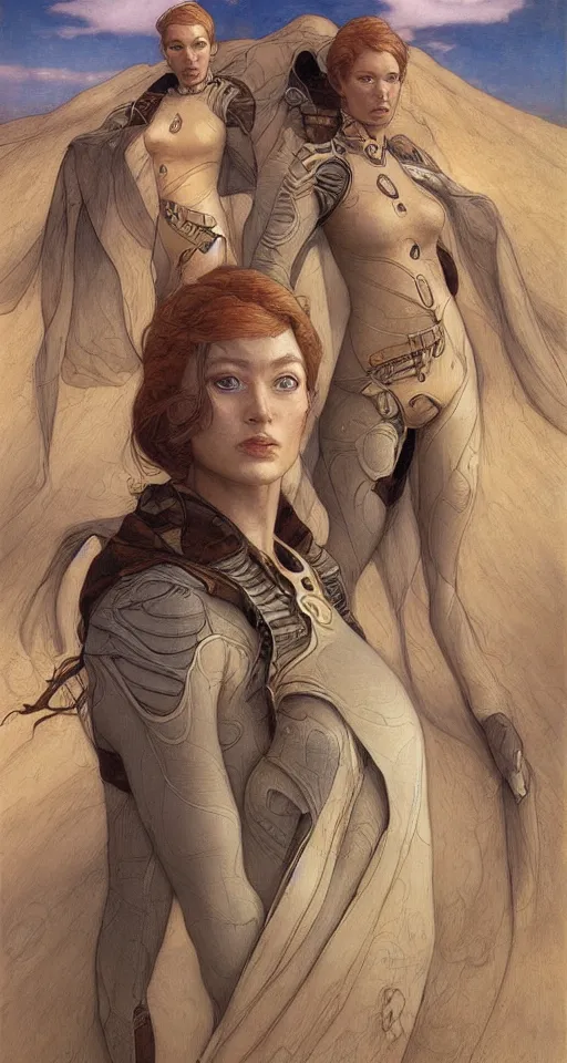 Image similar to beautiful female fremen on dune, by edgar maxence artgerm ross tran and michael whelan and gustav klimpt