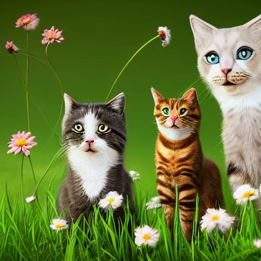 Prompt: 4 beautiful cats on a green meadow with flowers, intricate details, highly detailed, photorealistic, octane render, 8 k, greg rutkowski.
