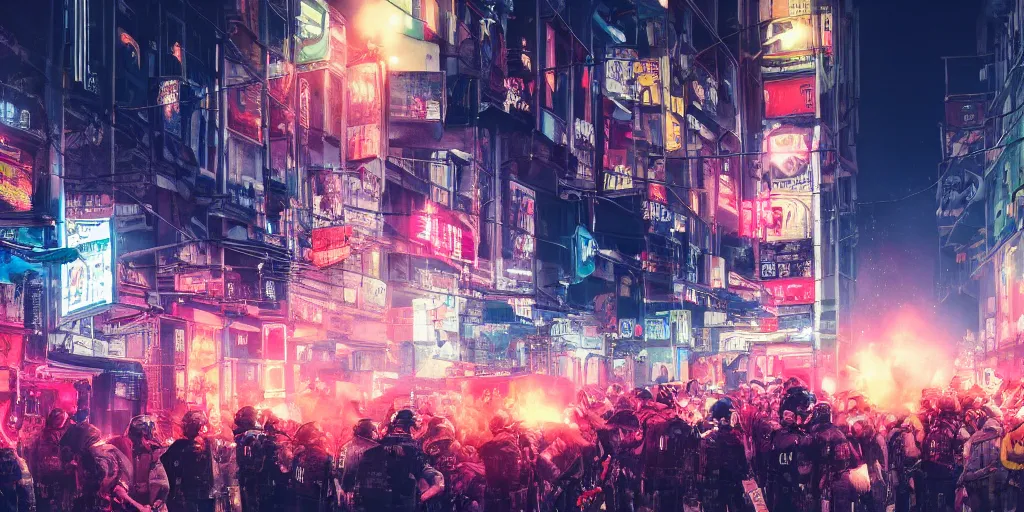 Image similar to very long shot, lit in neon light of advertisement, riot in a cyberpunk city, police use special equipment against the crowd on a square, high detail art, evening, police sirens in smoke, dark environment