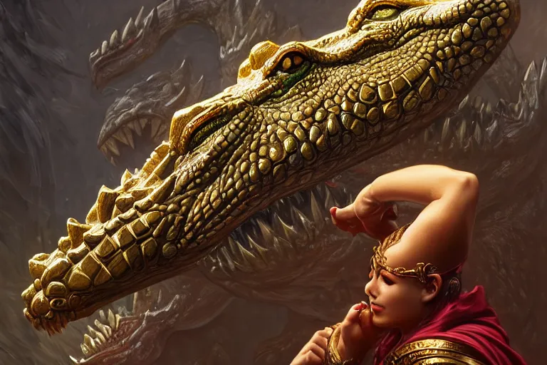 Prompt: the crocodile god statue, deep focus, d & d, fantasy, intricate, elegant, highly detailed, digital painting, artstation, concept art, matte, sharp focus, illustration, hearthstone, art by artgerm and greg rutkowski and alphonse mucha