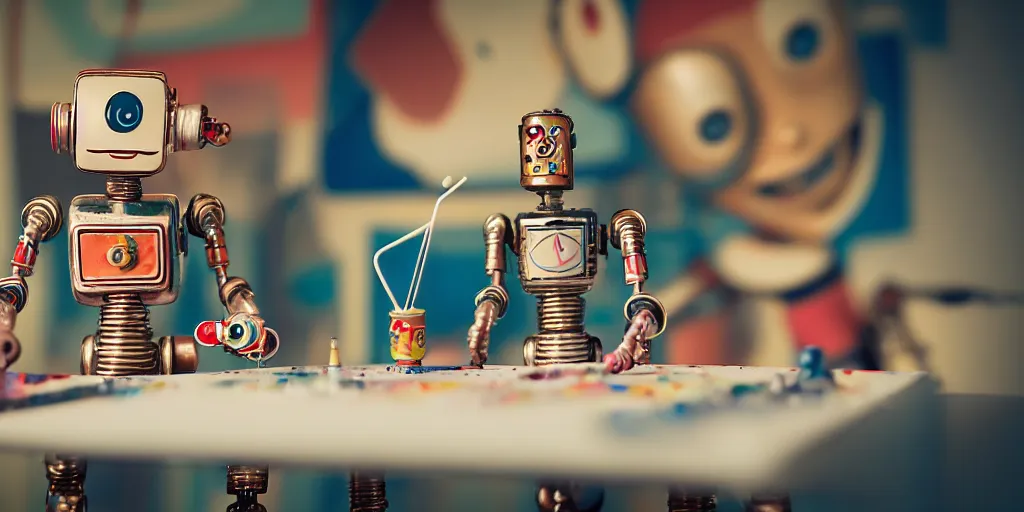 Image similar to closeup portrait of tin toy retro robot painter mixing gouache on white paper table in an artist workshop, depth of field, zeiss lens, detailed, centered, fashion photoshoot, by nicoletta ceccoli, mark ryden, lostfish, breathtaking, 8 k resolution, extremely detailed, beautiful, establishing shot, artistic, hyperrealistic, octane render