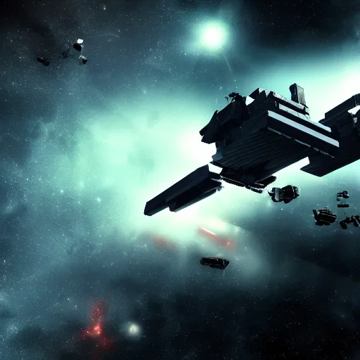 Image similar to spaceship transporting cargo containers, black background, eve online, the expanse, long shot, gritty, industrial
