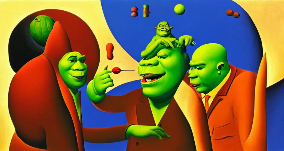 Prompt: a surrealist painting of shrek by alexandr archipenko and rene magritte and joan miro, 4 k, trending on artstation, detailed, film still