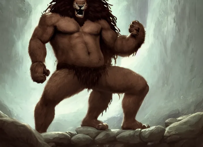 Prompt: burly tough character feature portrait of the anthro male muscular attractive anthropomorphic lion fursona animal person wearing tribal primitive caveman loincloth outfit full wolf fur body standing in the entrance to the cave, perfect framed character design stylized by charlie bowater, ross tran, artgerm, makoto shinkai, detailed, soft lighting, rendered in octane masterpiece