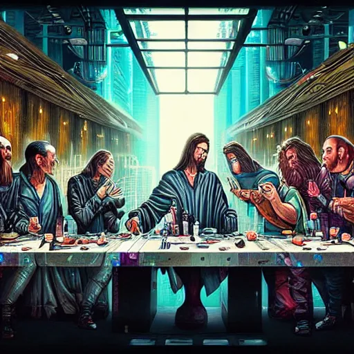 Image similar to the last supper, cyberpunk, futuristic, scify, insanely detailed, trending on artstation, dan mumford, houdini render, digital art