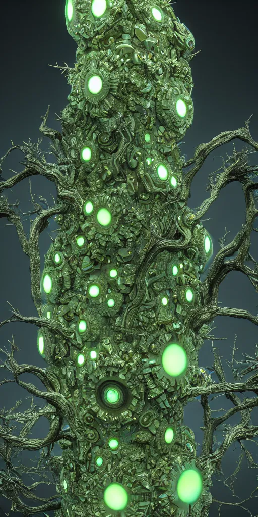 Image similar to 3 d photographic render of asymmetric mandelbulb sculpture, bioluminescent chrometype, made of liquid metal, neotribal with thorns and green thunders, cyberpunk, raytracing, hyper realistic, volumetric lightning, 8 k, by zhelong xu and ouchh studio