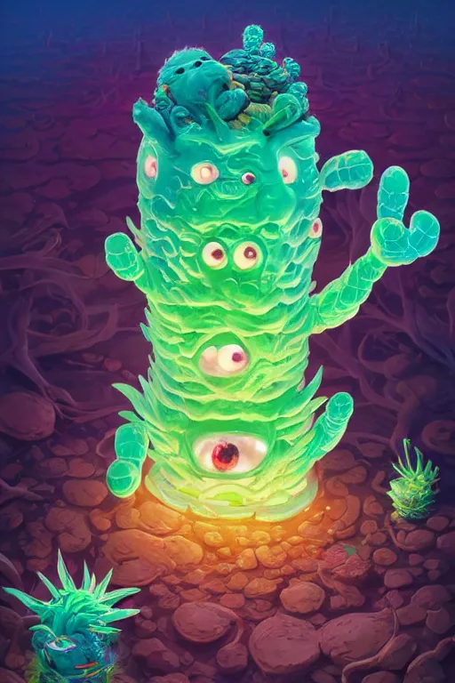 Image similar to roots cactus sushi cristal smurf ghost creature animal sushi cristal very big eye roots cactus elemental flush of force nature micro world fluo fishscale, behance hd by jesper ejsing, by rhads, makoto shinkai and lois van baarle, ilya kuvshinov, rossdraws radiating a glowing aura global illumination ray tracing hdr