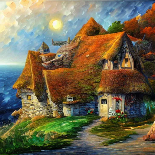 Prompt: cottage on hill cliff cryengine render by android jones, james christensen, rob gonsalves, leonid afremov and tim white