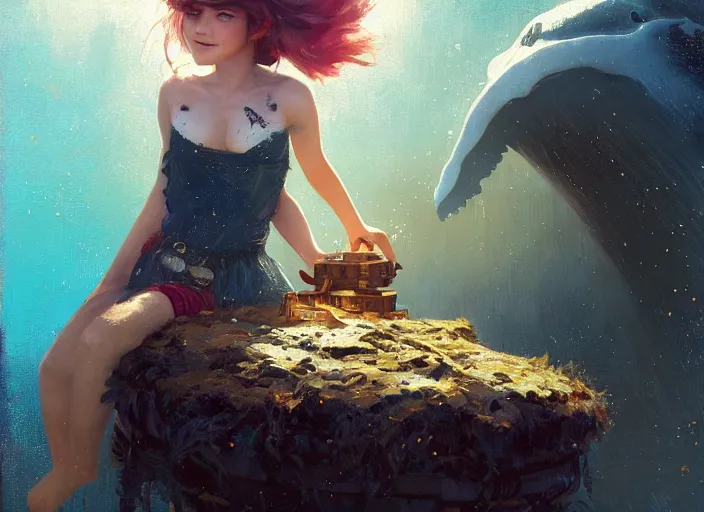 Prompt: full body picture of a pirate girl, looking at the treasure box, hard breathing, messy hair, very excited, smiling, sparkling eyes, magic and fantasy, whale monsters, beautiful and aesthetic and attractive and detailed face, specular reflection, occlusion shadow, intricate, bokeh, masterpiece, by ilya kuvshinov and jeremy lipking and quentin mabille