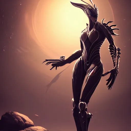 Image similar to beautiful and stunning giant female warframe, doing an elegant pose, looming over ant pov, about to step on and pov, slick elegant design, sharp claws, detailed shot, feet and hands, highly detailed art, epic cinematic shot, realistic, professional digital art, high end digital art, DeviantArt, artstation, Furaffinity, 8k HD render, epic lighting, depth of field