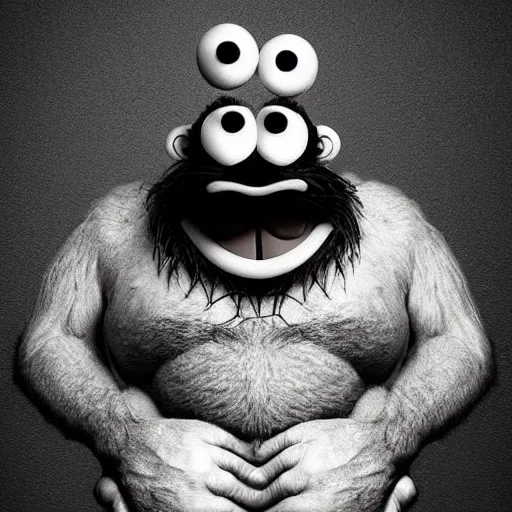 Image similar to a still of a forgotten muppet character looking very manly and modern, hilarious, laughing, hairy chest, huge chin, manly monster tough guy, roughled fur, photo real, photographic, photograph, artstation, trending, featured