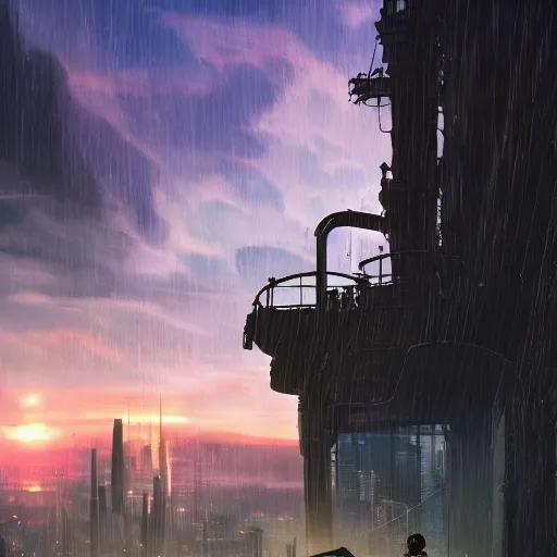 Prompt: wanderer with night vision goggles, dramatic light, sunset, sunrays, flying cars, cyberpunk city in the background, ruins, buildings, dystoptian, gorgeous view, depth, painted by Caspar David Friedrich, gateway, clouds, tending on artstation