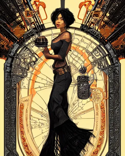 Prompt: a detailed portrait illustration of a steampunk wizard. attractive black asian female face, alluring expression. looks like christina ricci and winona ryder. art nouveau, pop art, comic book style. influenced by neil gaiman, h. p. lovecraft, dan mumford, brian froud, vadim voitekhovitch, killian eng, ross tran.