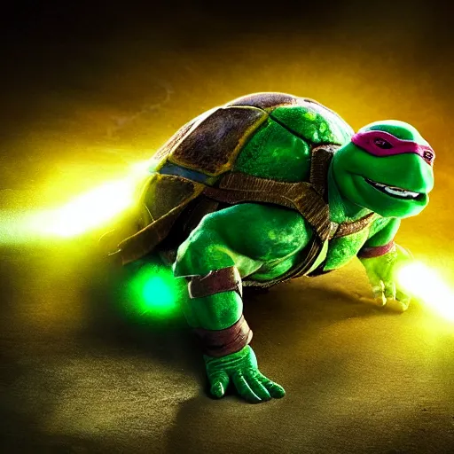 Image similar to teenage mutant ninja turtle, epic action movie still, hyper realistic award winning creature photography, epic volumetric lighting, glowing border of green radioactive Ooze dripping around frame, detailed face, golden ratio