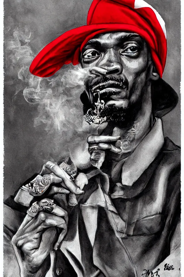 Image similar to an epic socialist realism poster of a singular communist snoop dogg in a red beret smoking a blunt for the proletariat