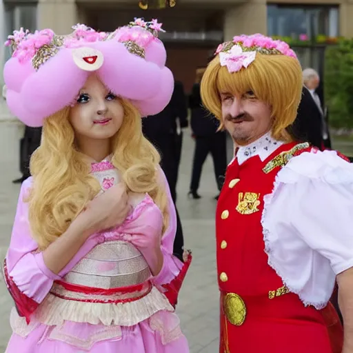 Image similar to alexander lukashenko wearing blonde longhaired wig in kawaii cosplay dress,