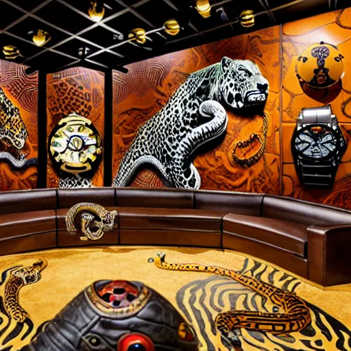 Prompt: interior view of a clockwork steampunk snakeprint temple, rolex alien golf course liminal space, buffalo wild wings las vegas temple interior liminal space, cowboy leopard with snake boots from tekken