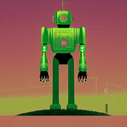 Prompt: retrofuturistic robot in style of Simon Stalenhag, green colour scheme