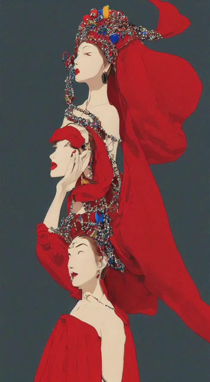 Image similar to a female character design wearing high fashion, beads hanging over her face like an alexander mcqueen headdress, haute couture, dior, and a red cape by kawase hasui, moebius, edward hopper and james gilleard, zdzislaw beksinski, steven outram colorful, hd, 8 k, artstation, high quality, ultra detailed