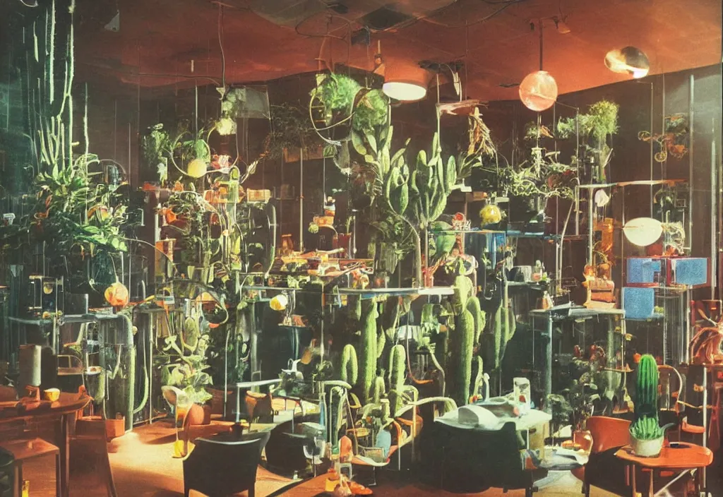 Prompt: 1970s color interior magazine photo of a science lab with glowing lava lamps, with kittens and scientists, wooden walls with framed art, and a potted cactus and some hanging plants, with dappled light coming in through a circular window showing that its dusk outside