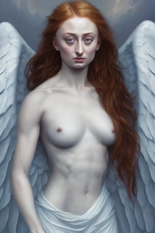 Image similar to Sophie Turner as a Heavenly Angel,anatomy, only two hands, highly detailed, digital painting, artstation, concept art, smooth, sharp focus, illustration, Unreal Engine 5, 8K, art by art by artgerm and greg rutkowski and edgar maxence